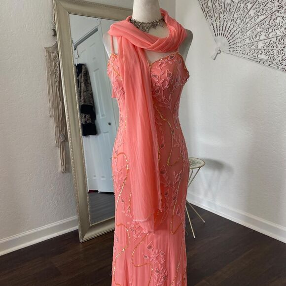 Ethereal Fairy Coquette Floral Beaded Silk Mermaid Long Formal Prom Dress Gown S - Picture 4 of 8